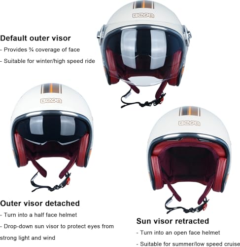 BEON Open Face Motorcycle Helmet for Adults, DOT Approved,Moped 3/4 Half Vespa Vintage Helmet with Dual Visors for Men and Women - Image 4