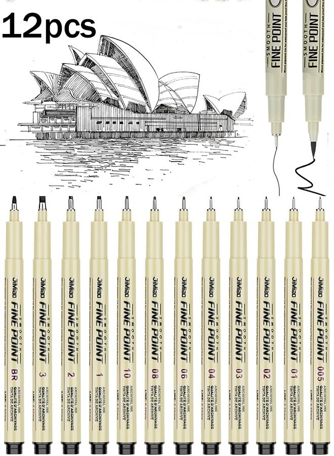 KANGLI 12 Art Pens Set,Black Drawing Pens, Liquid Fineliner Pens,  Waterproof Micro-Line Pens, Quick Drying Micro Fine Point Drawing Pens for Artist, Micro-Pens,Manga Pens,for Sketching,Technical Drawing - Image 1