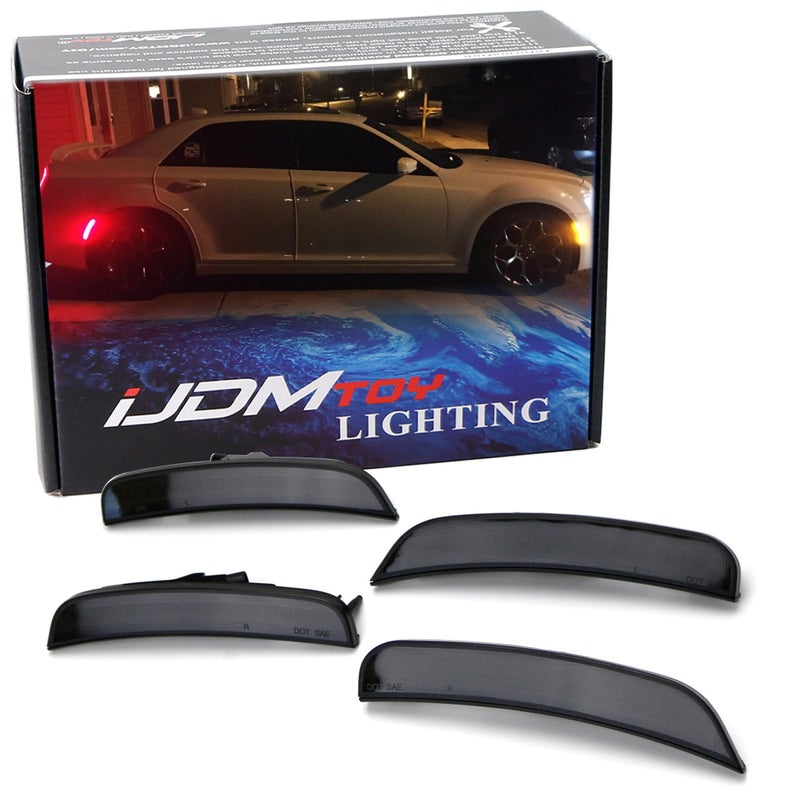 iJDMTOY 4pc Set BlackOut Dark Smoked Lens Amber Front  Red Rear Full LED Side Marker Lights Compatible With 2015up Chrysler 300 Total 180SMD LED Replace OEM AmberRed Lens Sidemarkers