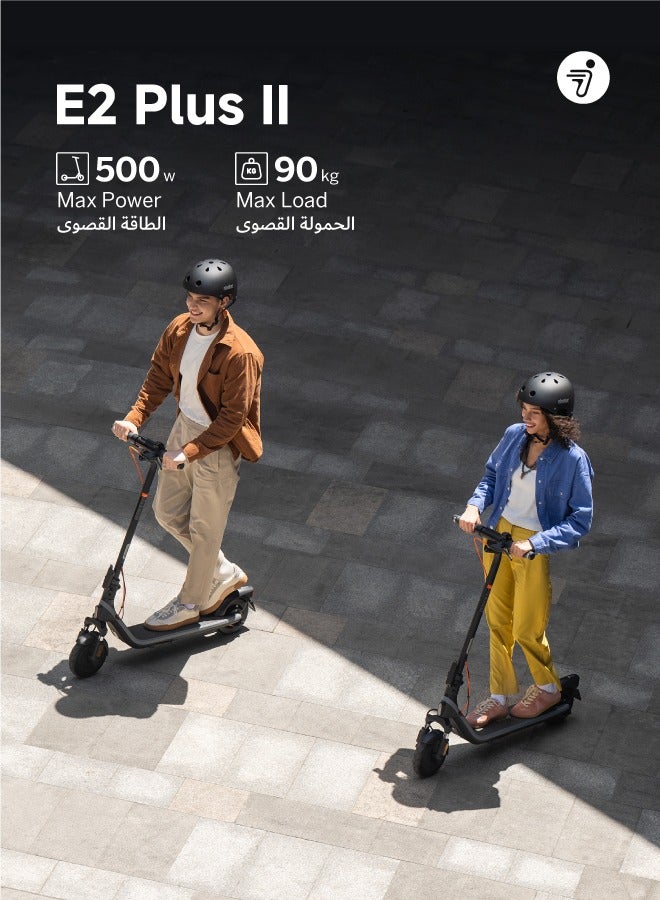 ninebot Segway E2 Plus II Electric Scooter | Front Suspension, 2.8" LED Screen, Double Break, Front/Break/Turn Lights, 8.1" Non-Flat Tires, up to 90KG Driver Wt, 25kph Speed, 20km Range - Black/Grey - Image 2