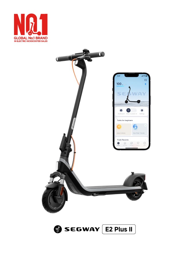 ninebot Segway E2 Plus II Electric Scooter | Front Suspension, 2.8" LED Screen, Double Break, Front/Break/Turn Lights, 8.1" Non-Flat Tires, up to 90KG Driver Wt, 25kph Speed, 20km Range - Black/Grey - Image 1