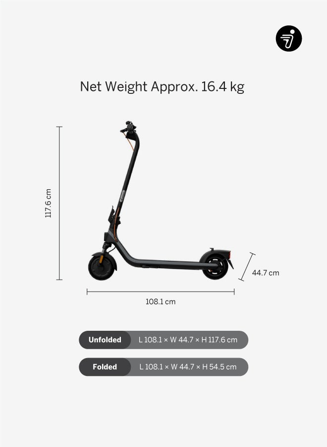 ninebot Segway E2 Plus II Electric Scooter | Front Suspension, 2.8" LED Screen, Double Break, Front/Break/Turn Lights, 8.1" Non-Flat Tires, up to 90KG Driver Wt, 25kph Speed, 20km Range - Black/Grey - Image 4