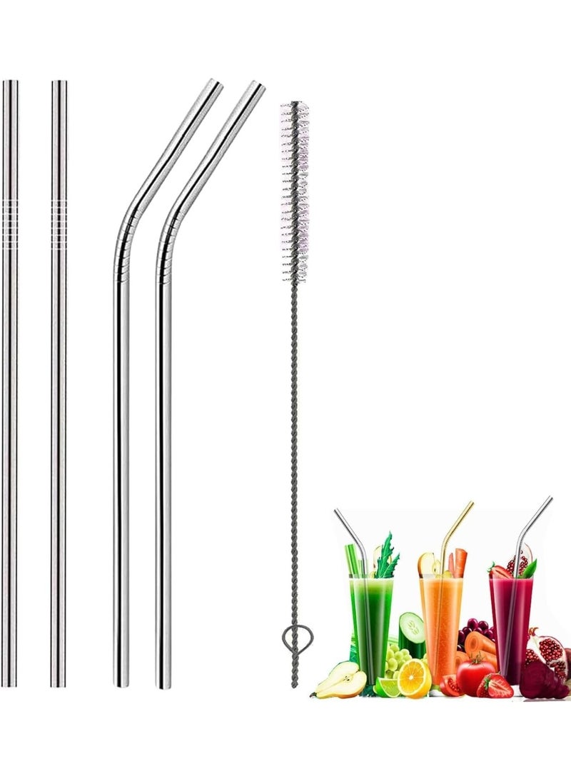 4-Piece Stainless Steel Drinking Straws Set with Cleaner Brush – Durable Reusable Metal Straws for Juices, Smoothies & Cocktails – Silver - Image 1