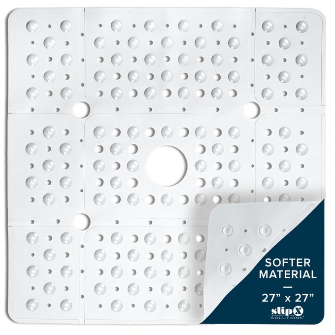 27 OVERSIZE SQUARE SHOWER MAT NONSLIP MAT FOR ELDERLY KIDS 100 POWER GRIP SUCTION CUPS FOR SMOOTH SURFACES MACHINE WASHABLE WHITE
