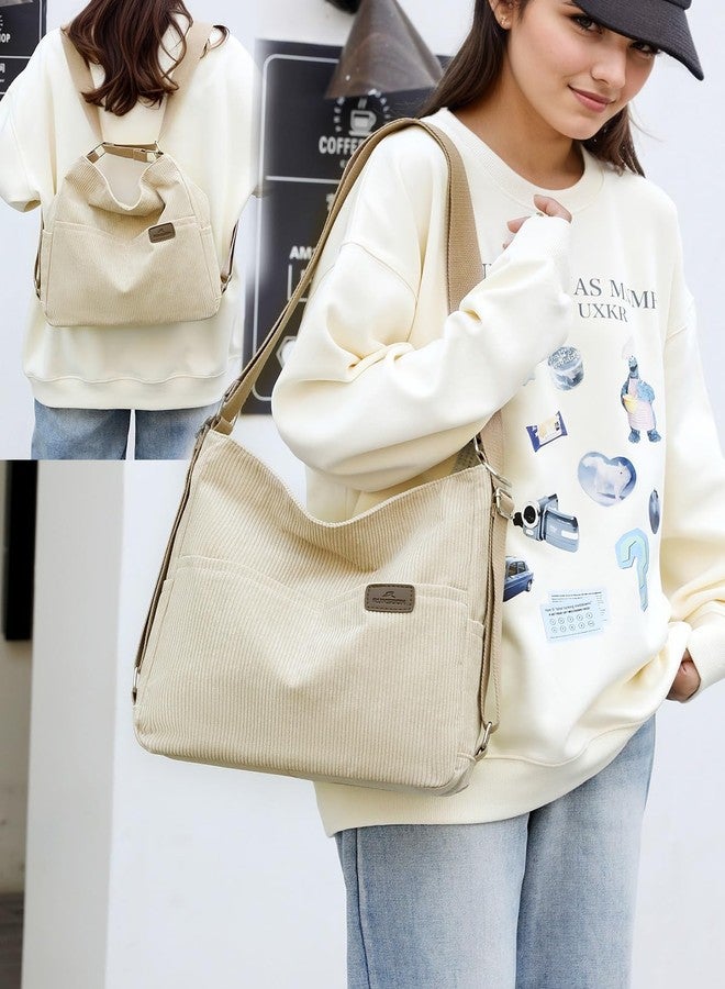 RUNSOON Corduroy Tote Bag for Women Convertible Backpack Purse Crossbody Hobo Shoulder Bag with Multi Pockets Compartments, Beige - Image 2