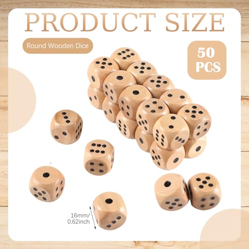 Sonwyoung 50 Pcs Wooden Dice Set 16mm Standard Wooden Dice Bulk 6 Sided with Rounded Corners Wood Game Dice with Carry Bag for Table Games Party Favors - Image 5