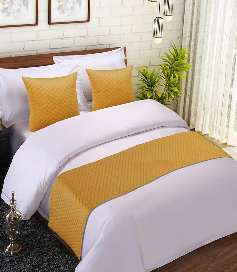 MKS INDIA MKS INDIA Yellow and Velvet Quilted Bed Runner Scarf with 2 Matching Cushion Covers Slipcover Mattress Protector Bed Linen Scarf for Bedrooms Hotel Rooms Guest Rooms 18 x 96 inch  - Image 2