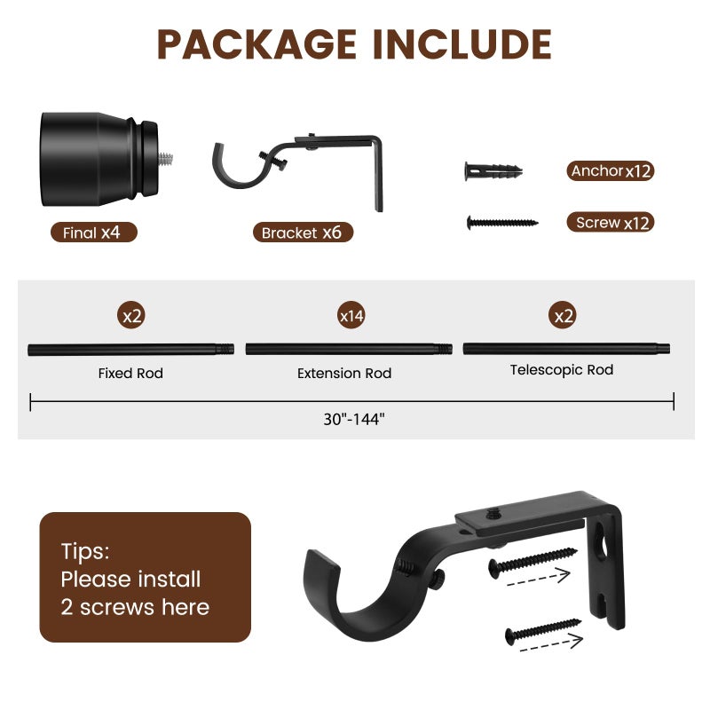 Hradecti Matte Black Curtain Rod Itself is 30-144 inch 2 Pack, Fit 30 to 142, 66 to 120 inch Windows with 1 Inch Diameter Heavy Duty Adjustable Telescopic Rod, 1 Inch Diameter Splicing Extra Long - Image 2