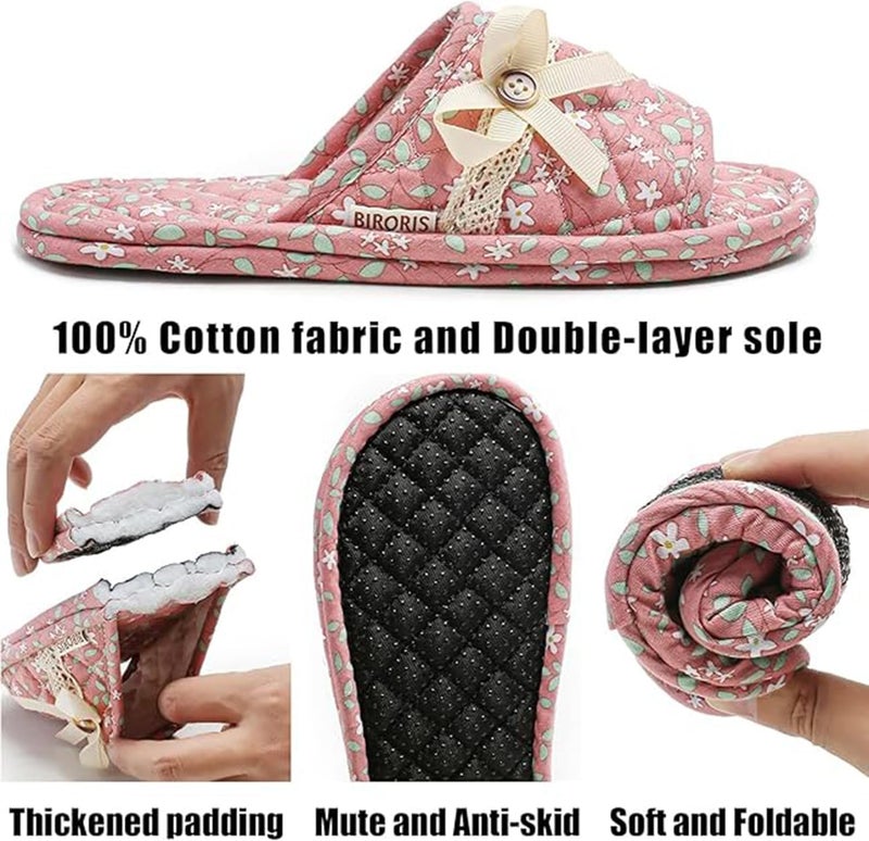 Excefore 3 Pairs Floral Cotton House Slippers for Women, Open Toe Indoor Slippers Comfortable Washable Portable Foldable Guest Travel Hotel Airplane Spa Slippers - Image 4