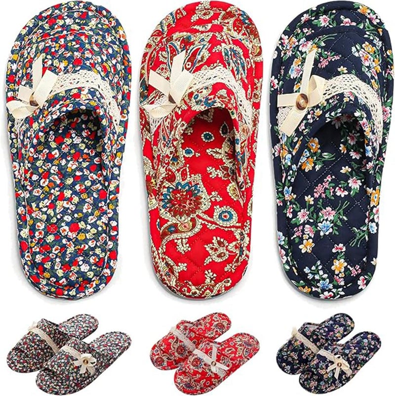 Excefore 3 Pairs Floral Cotton House Slippers for Women, Open Toe Indoor Slippers Comfortable Washable Portable Foldable Guest Travel Hotel Airplane Spa Slippers - Image 1