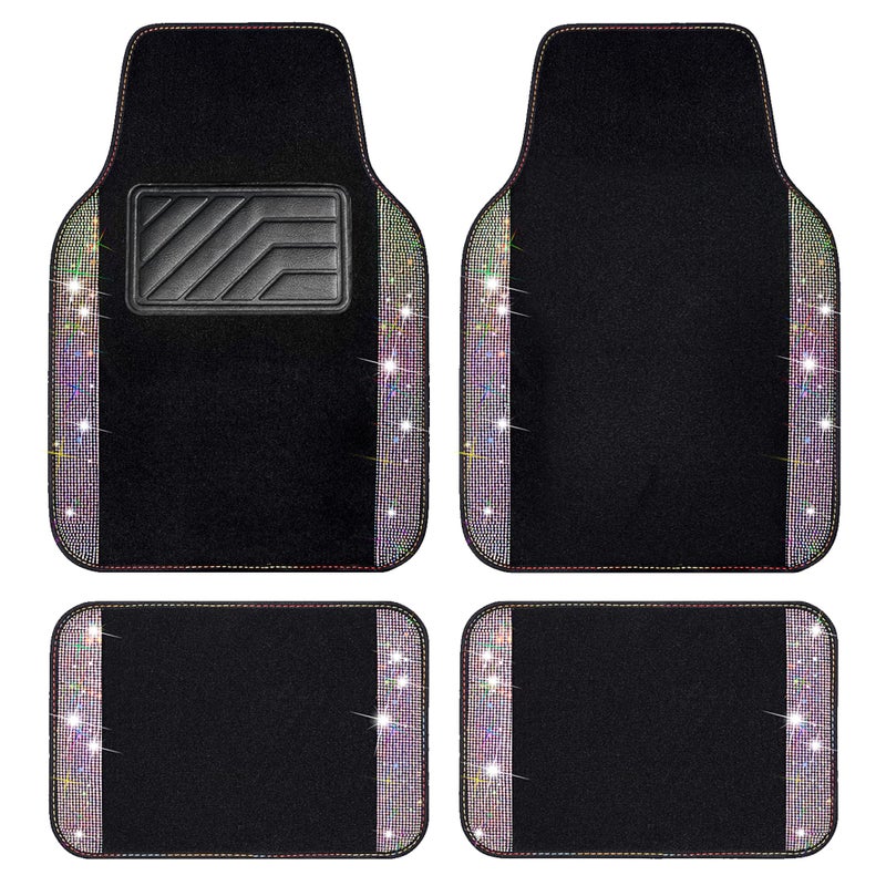 CAR PASS Iridescent Bling Rhinestones Diamond Car Floor Mats Waterproof AntiSlip PVC Heel Pad Universal for Automotive SUVSedanVan4pcs Girl Women Lady Sparkly Shining Multicolor Colorful Crystal