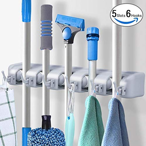 Vocal Enterprise Plastic Mop and Broom Holder with 5 Position with 6 Hooks Holds up to 11 Tools - Image 2