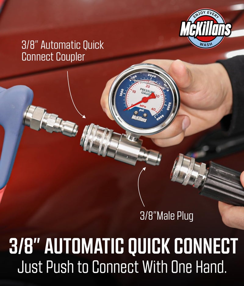 McKillans® High Pressure Washer Gauge - Push-to-Connect 3/8" Automatic Quick Connect - Stainless Steel - up to 6000 PSI - Measure Both PSI and MPa - Power Washer Pressure Gauge - Image 3
