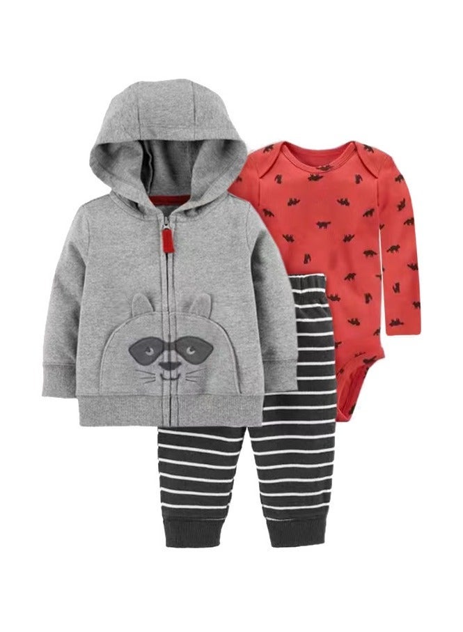 RedMapleTEK Baby Boy And Girl Sweater Jacket Hooded Coat Long-Sleeved Jumpsuit Baby Three-Piece Set - Image 1