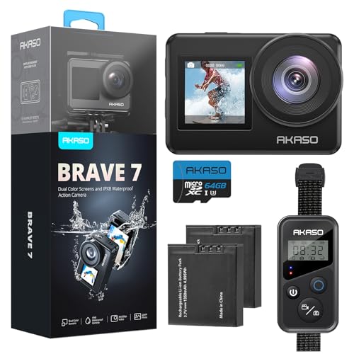AKASO Brave 7 Action Camera 4K30FPS 20MP with 64GB U3 MicroSDXC Memory Card Waterproof Camera with Touch Screen IPX8 33FT EIS 20 Zoom Support External Mic Voice Control with 2X 1350mAh Batteries - Image 1