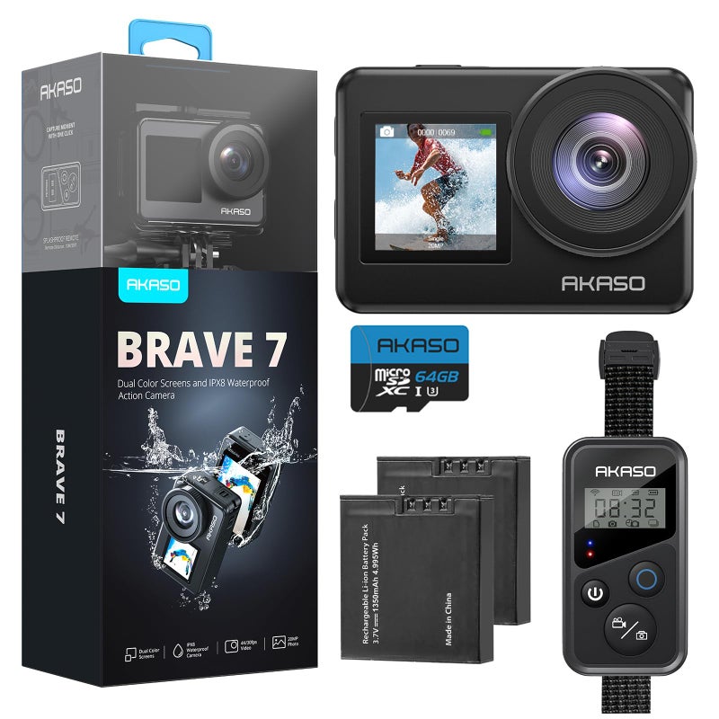 AKASO Brave 7 Action Camera 4K30FPS 20MP with 64GB U3 MicroSDXC Memory Card Waterproof Camera with Touch Screen IPX8 33FT EIS 20 Zoom Support External Mic Voice Control with 2X 1350mAh Batteries - Image 2