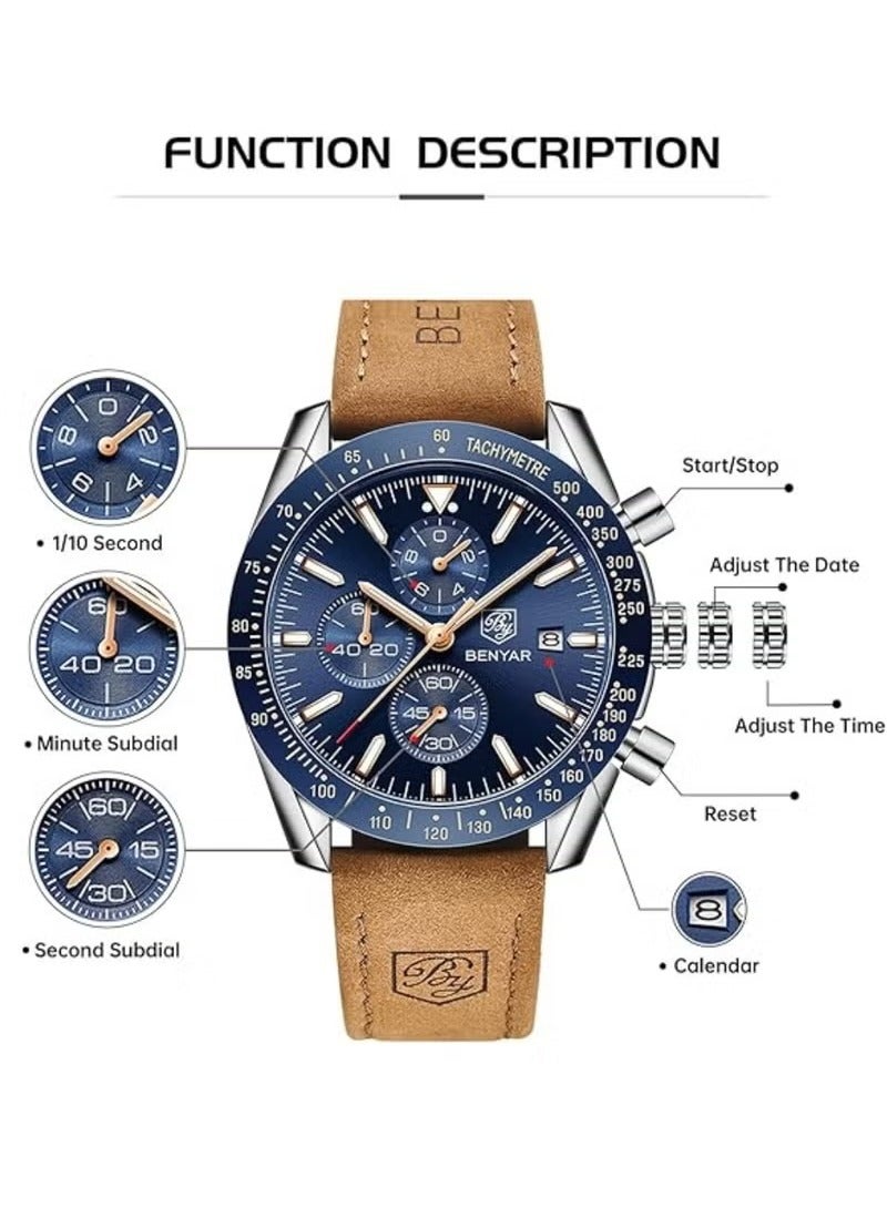 BENYAR Mens Watch Waterproof Chronograph Date Watch for Men Brown Leather Strap Quartz Movement Analog Watch Business Casual Gift for Men - Image 4