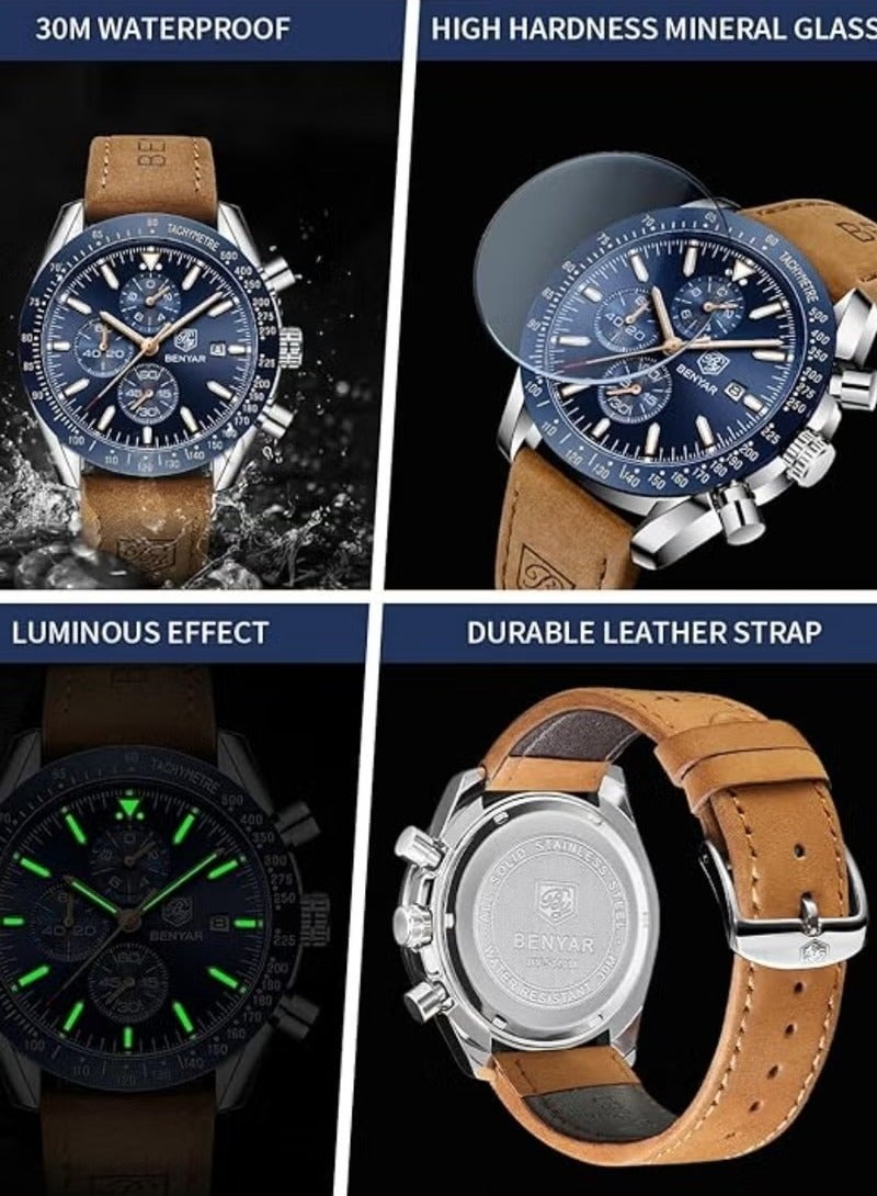 BENYAR Mens Watch Waterproof Chronograph Date Watch for Men Brown Leather Strap Quartz Movement Analog Watch Business Casual Gift for Men - Image 3