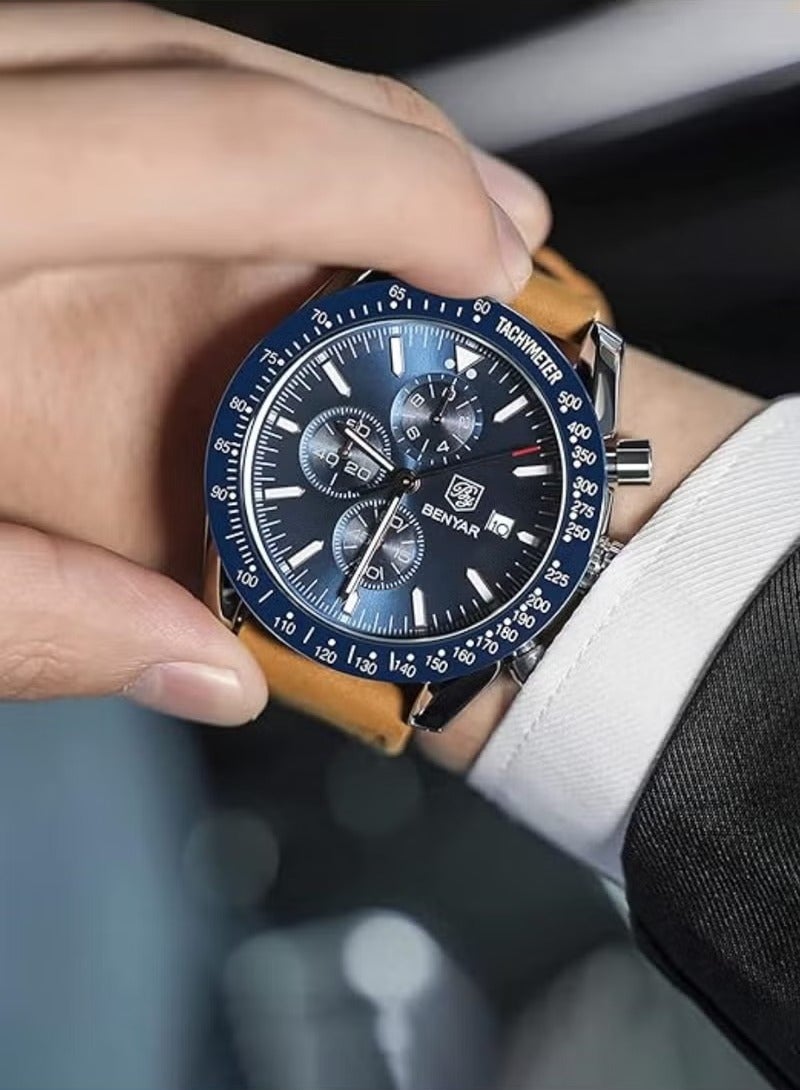 BENYAR Mens Watch Waterproof Chronograph Date Watch for Men Brown Leather Strap Quartz Movement Analog Watch Business Casual Gift for Men - Image 2