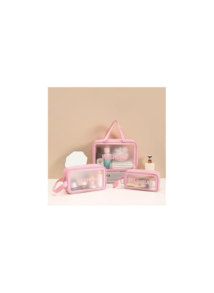 Portable Toiletry Organizer Bags – 3-Piece Transparent Travel Set – Pink Color  - Image 3