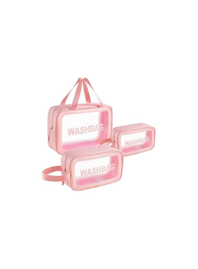 Portable Toiletry Organizer Bags – 3-Piece Transparent Travel Set – Pink Color  - Image 1