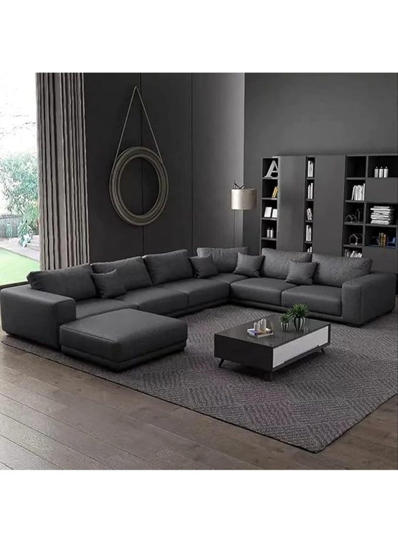 Al Zakharef Furniture Reem U-Shaped Sectional Sofa Set, 6-Seater with Ottoman, Premium Leather Upholstery, Solid Wooden Frame, Modern Luxury Living Room Furniture - Dark ‎Grey - Image 1