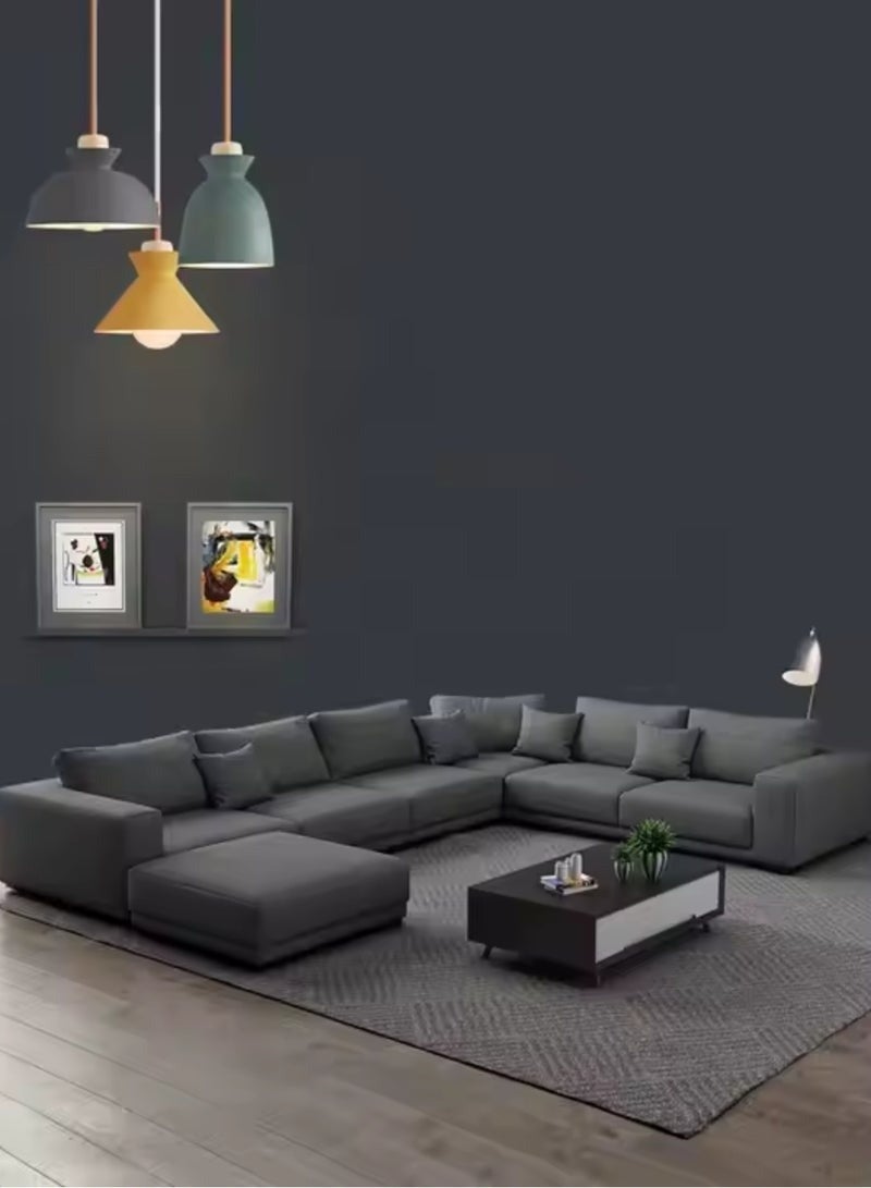 Al Zakharef Furniture Reem U-Shaped Sectional Sofa Set, 6-Seater with Ottoman, Premium Leather Upholstery, Solid Wooden Frame, Modern Luxury Living Room Furniture - Dark ‎Grey - Image 5