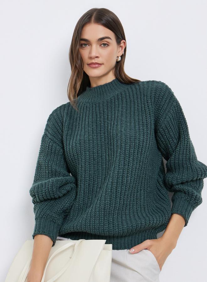 Styli Dark Green High Neck Chunky Knit Sweater - Image 1
