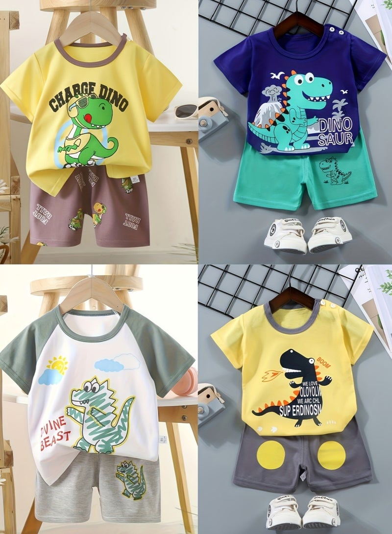 4 boys short sleeve and shorts set, 4 dinosaur print set can be changed - Image 1