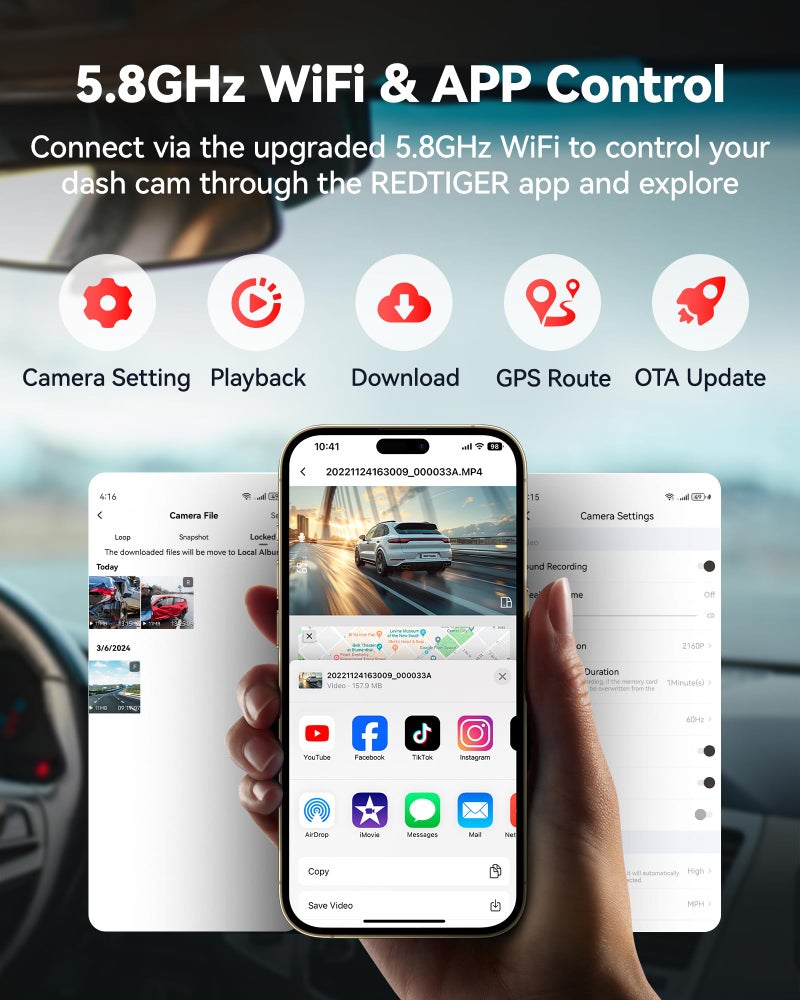 REDTIGER F9 Dash Cam 4K Front and Rear 1080P, Built-in 5.8GHz WiFi and GPS, Dual Dash Camera for Cars with 32GB Card, Loop Recording, Parking Mode, Smart App Control - Image 4