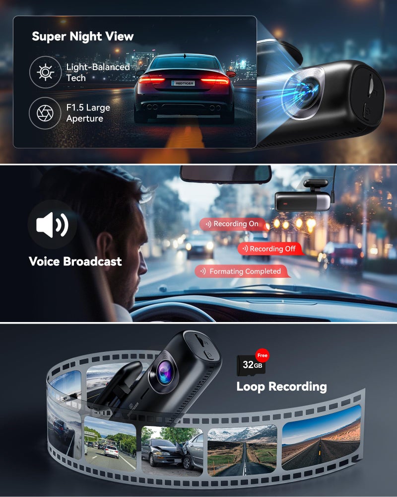REDTIGER F9 Dash Cam 4K Front and Rear 1080P, Built-in 5.8GHz WiFi and GPS, Dual Dash Camera for Cars with 32GB Card, Loop Recording, Parking Mode, Smart App Control - Image 5