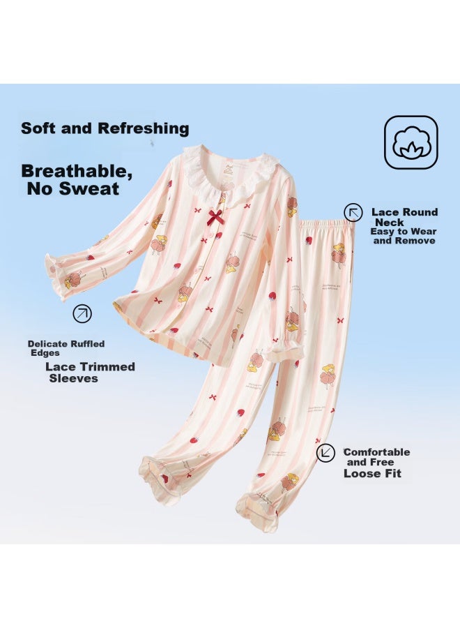 Top melon Dingguagua Children's Pajama Set Cotton Long Sleeve Long Pants Spring Autumn Girls Homewear Sweet Off-white 160cm - Image 1