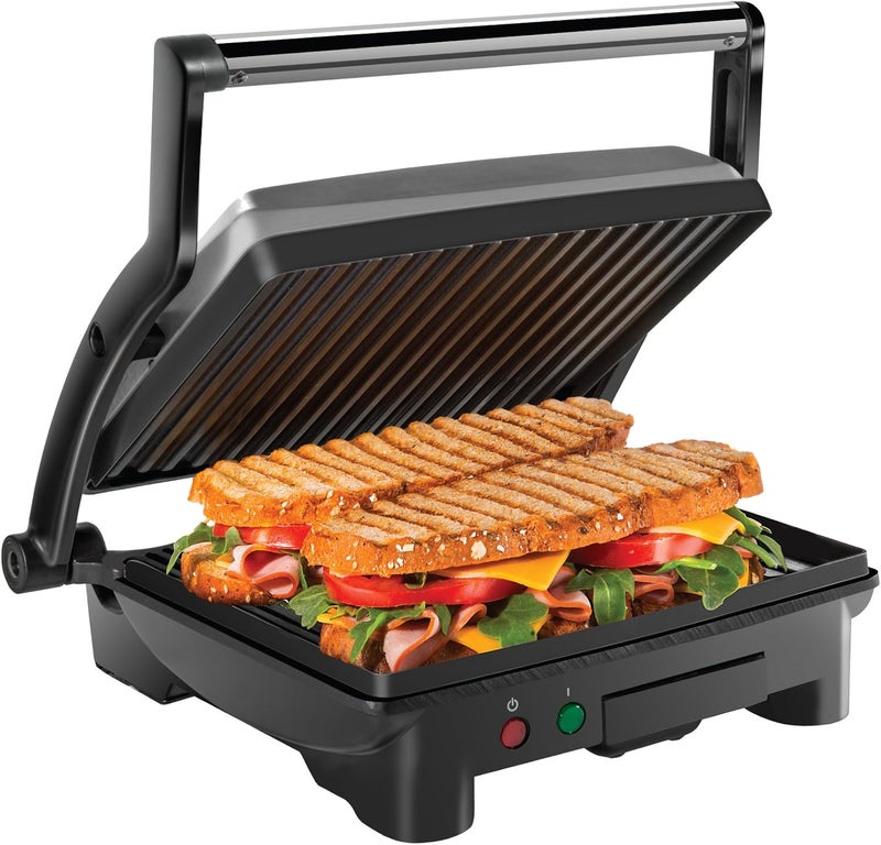 Chefman Panini Press Grill and Gourmet Sandwich Maker Non-Stick Coated Plates, Opens 180 Degrees to Fit Any Type or Size of Food, Stainless Steel Surface and Removable Drip Tray, 4 Slice, Black - Image 1