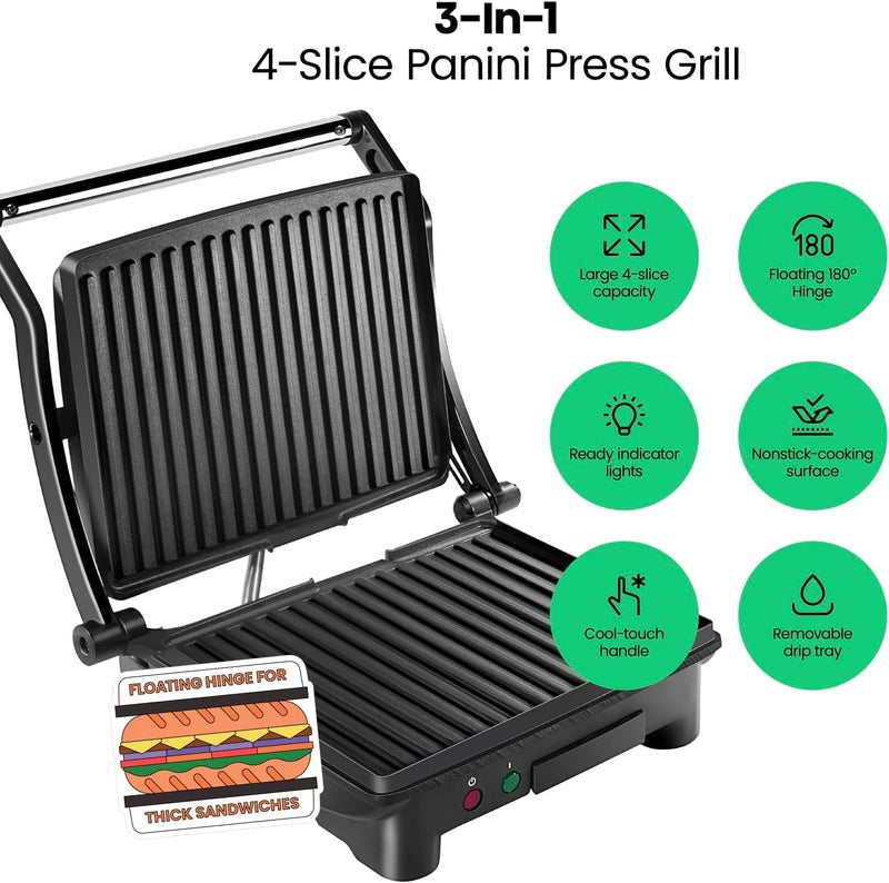 Chefman Panini Press Grill and Gourmet Sandwich Maker Non-Stick Coated Plates, Opens 180 Degrees to Fit Any Type or Size of Food, Stainless Steel Surface and Removable Drip Tray, 4 Slice, Black - Image 2