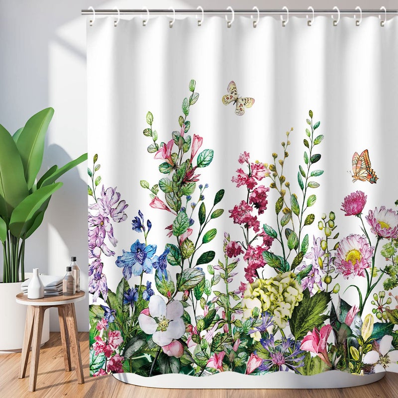 LIVILAN Floral Shower Curtain Flower Shower Curtain for Bathroom Colorful Plant Botanical Wildflower Flowered Shower Curtains with 12 Hooks Decorative Fabric Leaf Greenery 72 W x 78 H