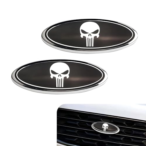 Gseigvee 2 PCS Car Grille Hood Sticker Front Grille Skull Badge Car Tailgate Badge Compatible with Ford F150 F250 Black White - Image 1