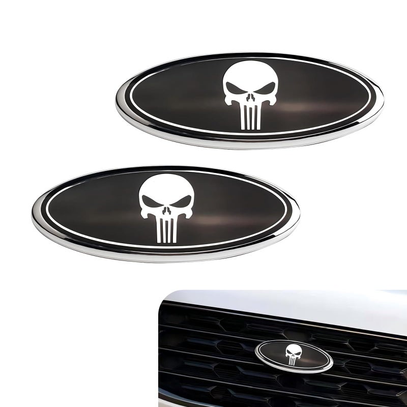 Gseigvee 2 PCS Car Grille Hood Sticker Front Grille Skull Badge Car Tailgate Badge Compatible with Ford F150 F250 Black White - Image 3