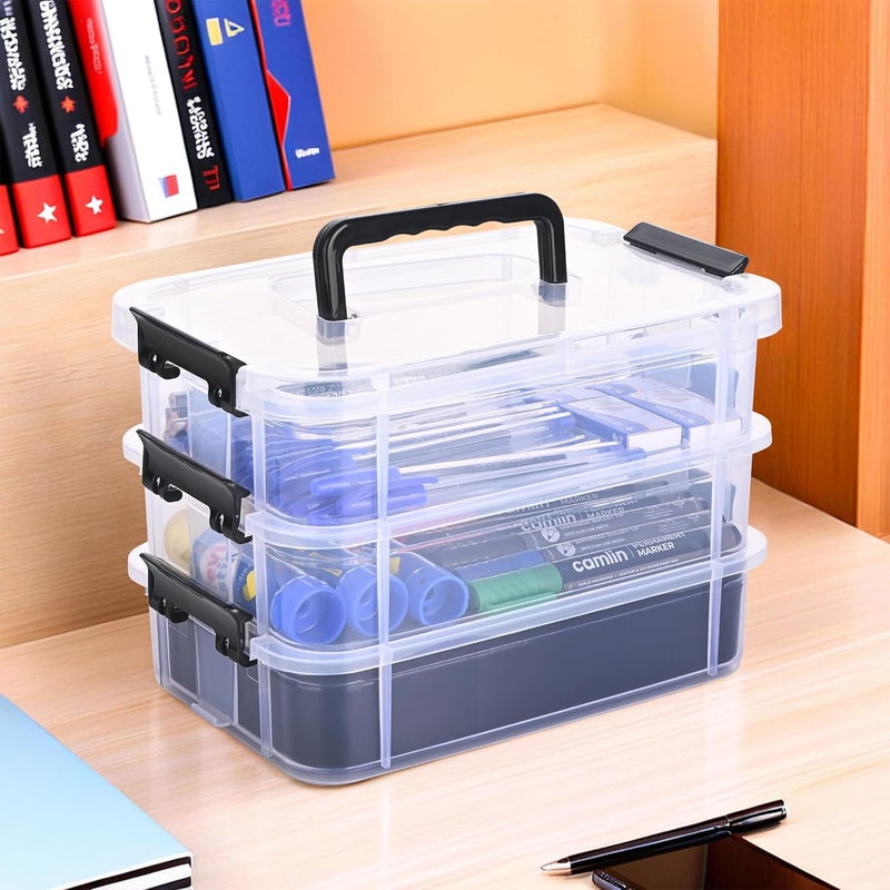 Kuber Industries 3-Layer Transparent Stackable Storage Box with Lid | Medicine & Stationary Organizers Box for Home | Detachable Organizer for Jewellery, Sewing Button, Arts & Crafts | Black