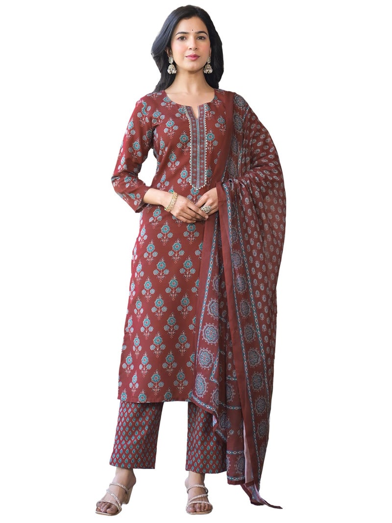 Vaamsi Women's Floral Straight Printed Kurta Pant With Dupatta Set (VKSKD2249_S_Brown) - Image 1