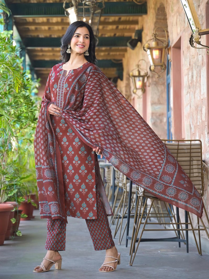 Vaamsi Women's Floral Straight Printed Kurta Pant With Dupatta Set (VKSKD2249_S_Brown) - Image 3