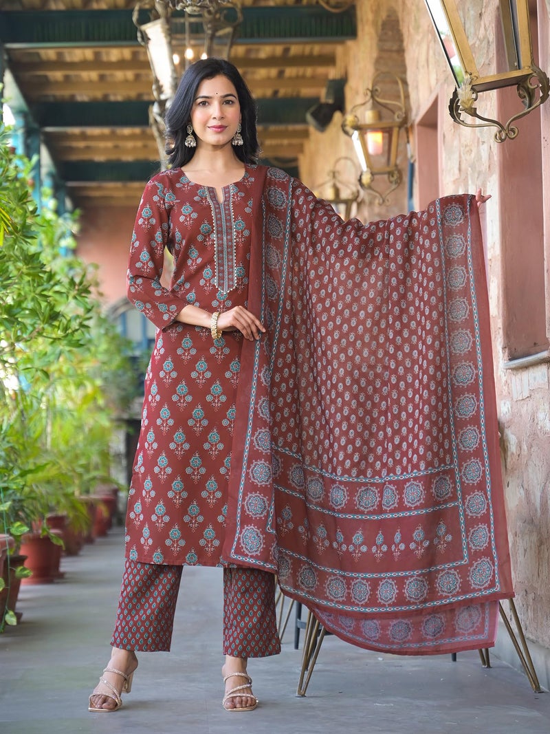Vaamsi Women's Floral Straight Printed Kurta Pant With Dupatta Set (VKSKD2249_S_Brown) - Image 2