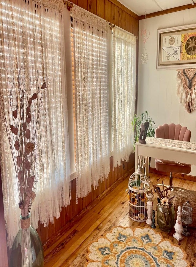 YJ YANJUN ستارة خزانة دانتيل للخزائن المفتوحة، ستارة مدخل قطنية مكرمية بوهيمية، ستارة فاصلة للغرف توفر الخصوصية، مناسبة لغرفة النوم والمطبخ والحمام، خلفية لحفلات الزفاف، ديكور جداري بوهيمي، 40 بوصة عرض × 72 بوصة طول، لون كريمي - Image 4