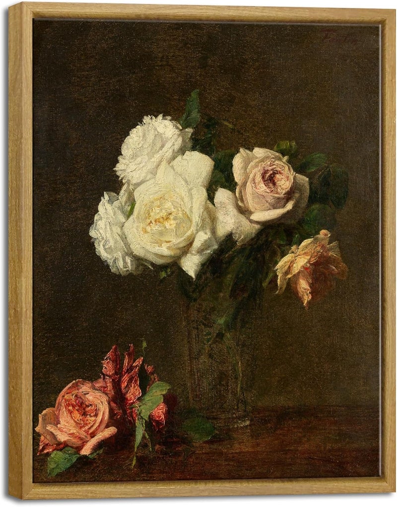 Pyradecor Large Vintage Wall Art Retro Natural Wood Framed Home Decor Roses Paintings Pictures Canvas Prints Mid Century Wall Decor for Living Room Office Farmhouse Decorations - Image 1