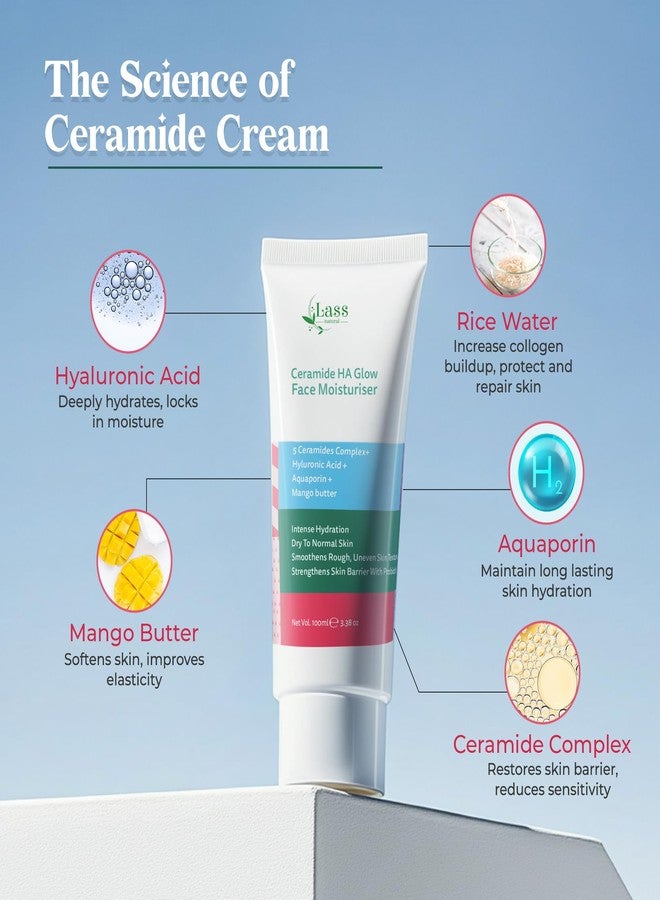 Lass Natural Ceramide HA Moisturizer: 24Hr Hydration Barrier Repair, Glow| Aquaporin| Mango Butter| Rice Water |Dry to Normal| Smoothens Rough| Uneven Skin Texture |Strengthens Skin Barrier With Probiotic | Damaged | Ageing | Men & Women Daily -100ML - Image 4