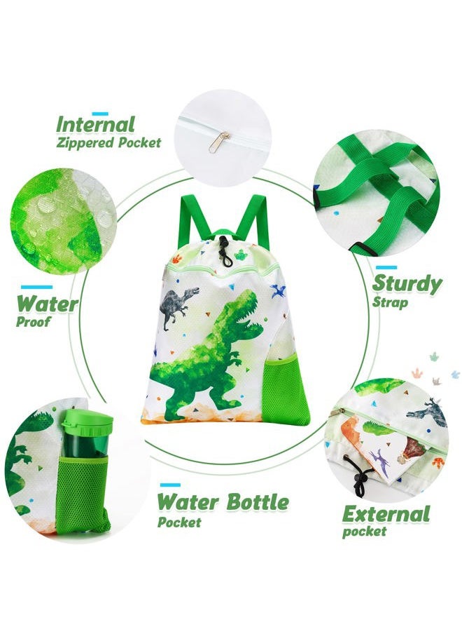 WAWSAM Dinosaur Kids Drawstring Backpack - Waterproof String Backpack Gym Bag for Boys Portable Lightweight Backpack Sport Beach Travel Swim Sackpack with Zipper Pocket Water Bottle Pocket  - Image 2