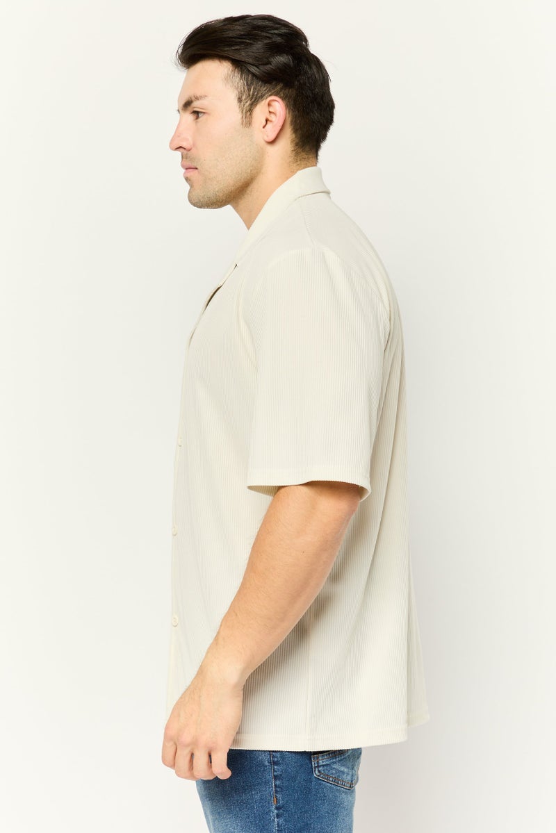 Core Elements Men Regular Fit Stripe Short Sleeve Casual Shirt, Cream - Image 3