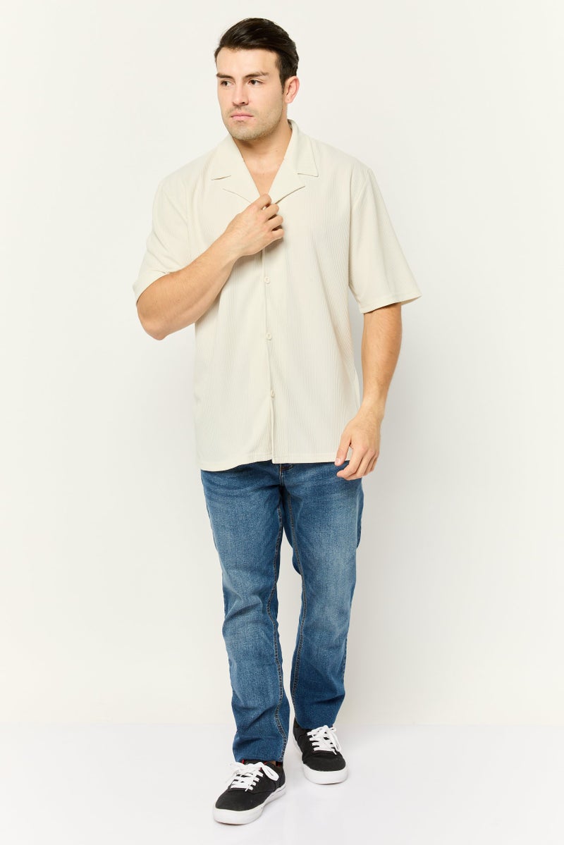 Core Elements Men Regular Fit Stripe Short Sleeve Casual Shirt, Cream - Image 2