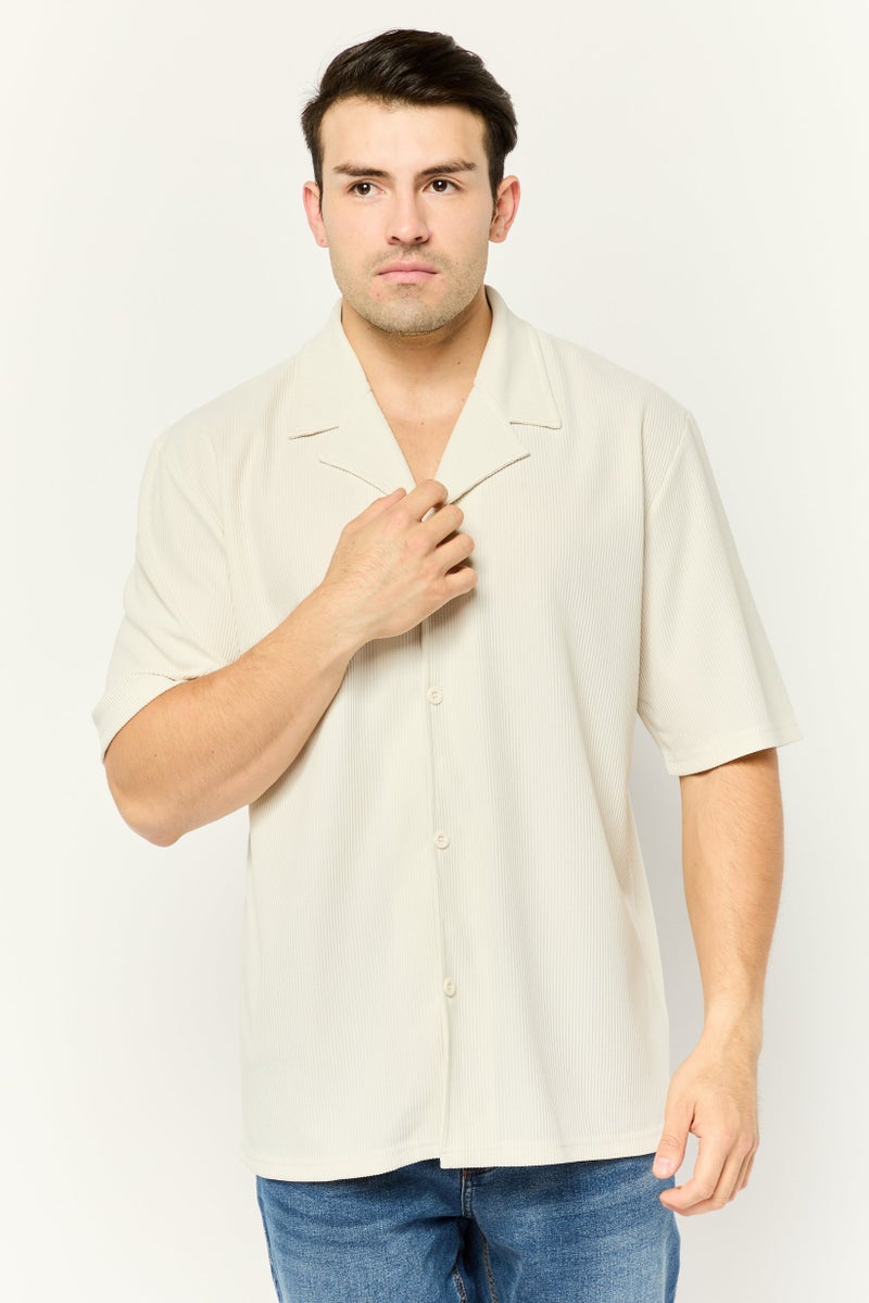 Core Elements Men Regular Fit Stripe Short Sleeve Casual Shirt, Cream - Image 1