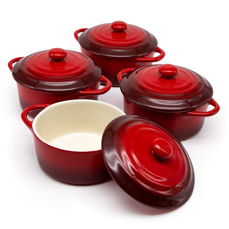 Kook Ceramic Mini Cocotte Set Small Casserole Dishes with Lids and Handles Individual Baking Ramekins Oven Microwave  Dishwasher Safe Stoneware 12 oz Set of 4 Crimson Ombre