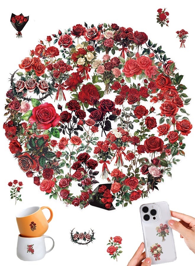Lemon 50Pcs Vintage Red Rose Stickers, Waterproof Aesthetic Stickers for Notebooks, Scrapbooking, Laptop, Water Bottle, Suitcase, Bicycle, PET Transparent Flower Decals  - Image 1